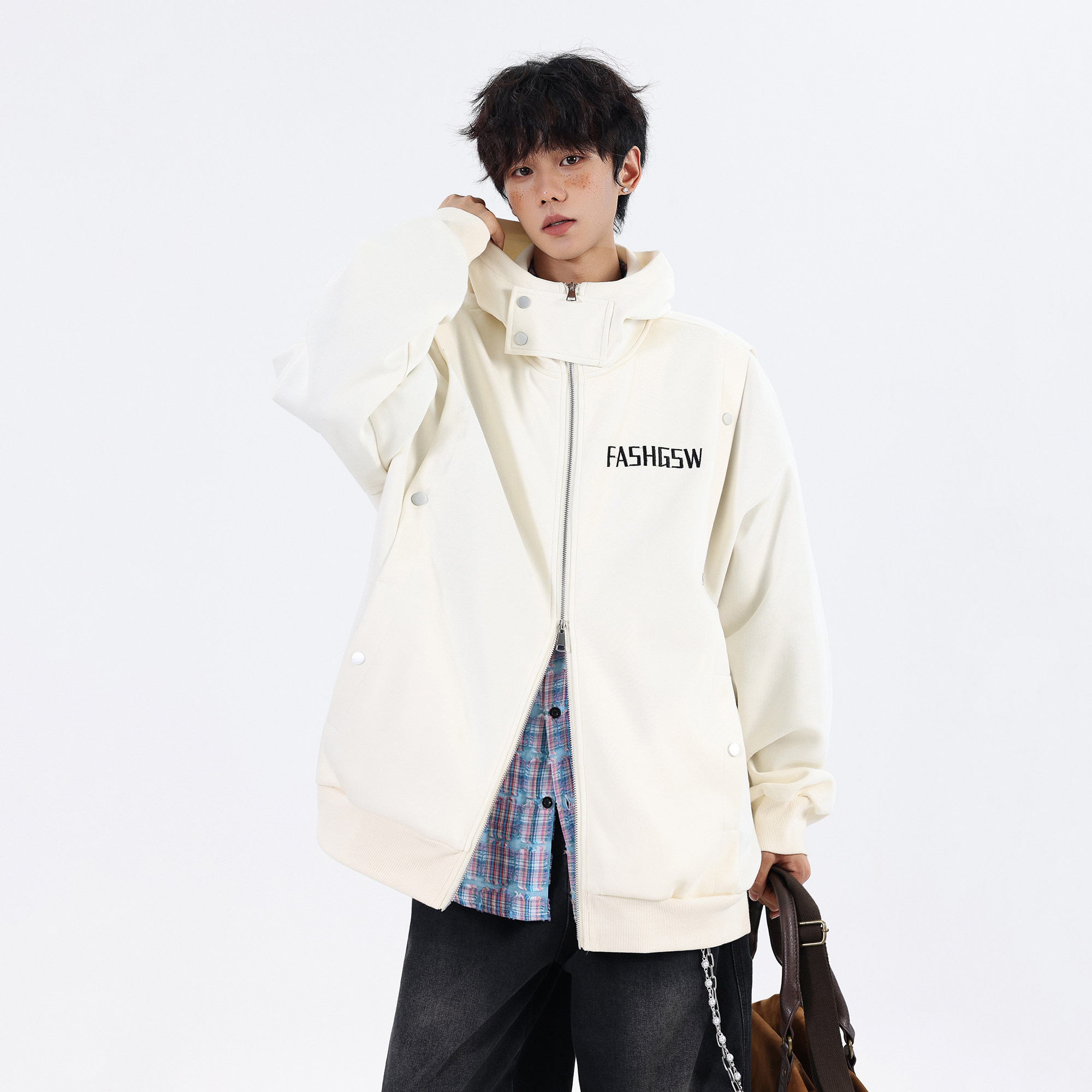 排扣夹克26春装设计款开衫连帽大码美式卫衣外套JK118P88控138，男装夹克，电商A031