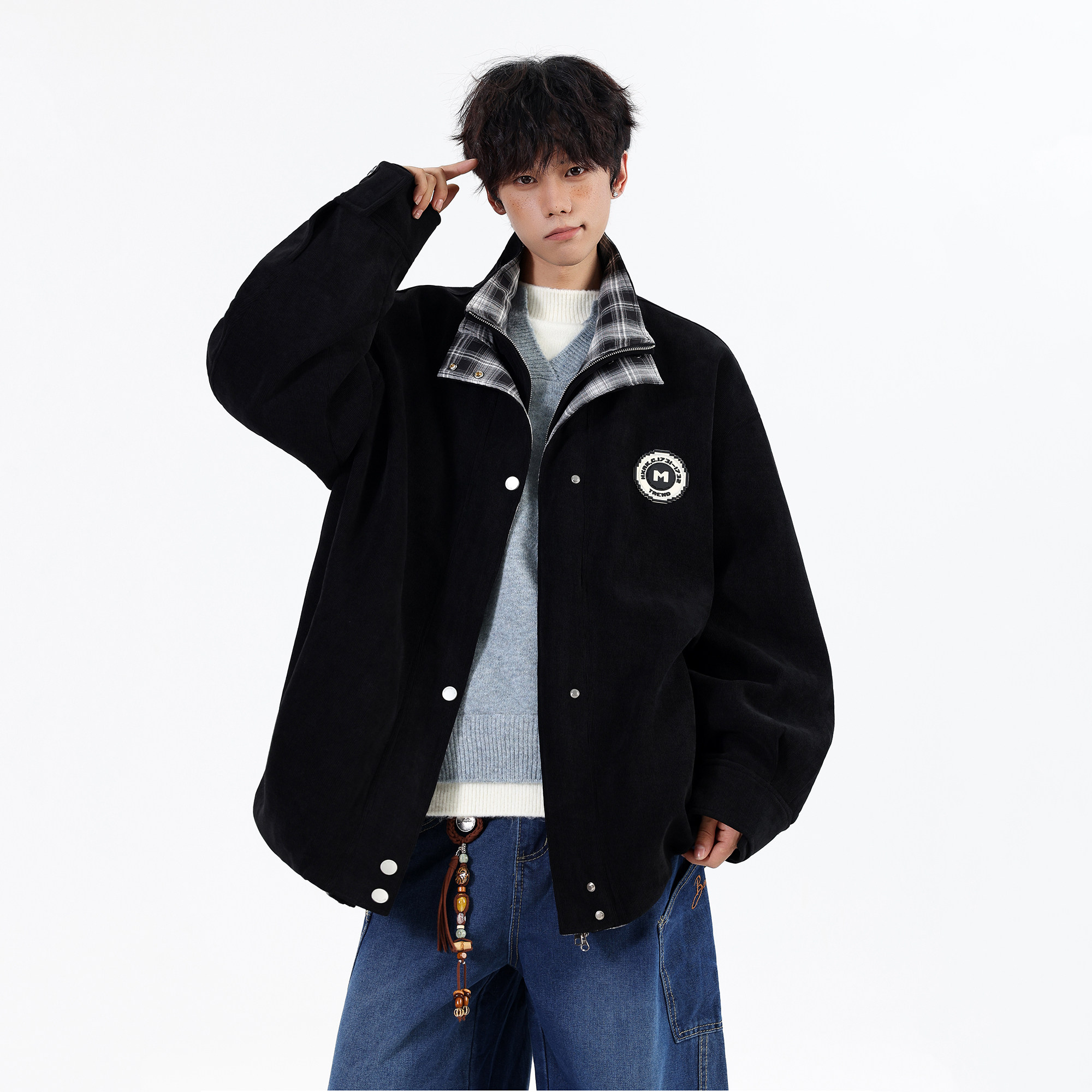 2026春装新款大码宽松假两件夹克贴标外套JK122P98控148，男装夹克，电商A031