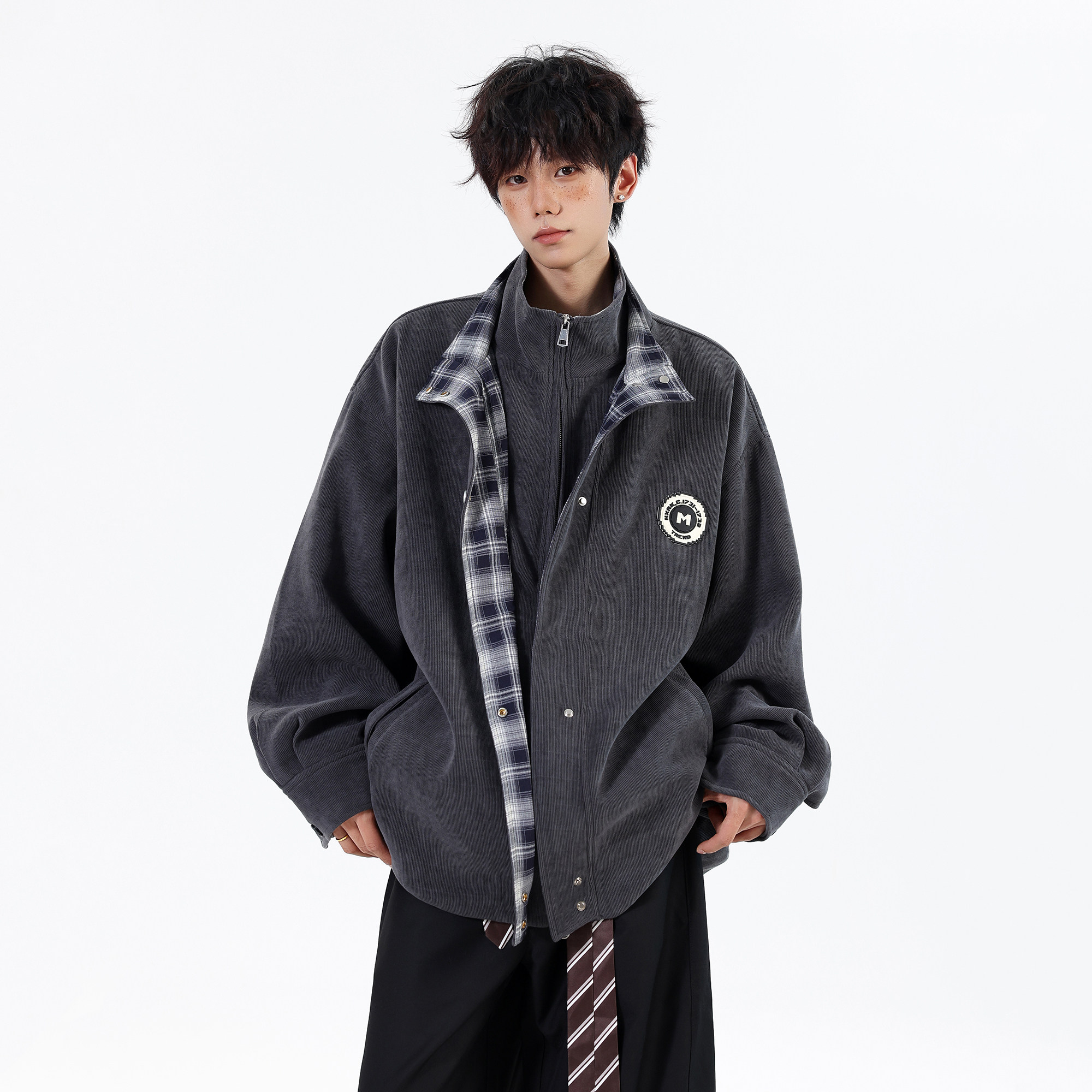 2026春装新款大码宽松假两件夹克贴标外套JK122P98控148，男装夹克，电商A031