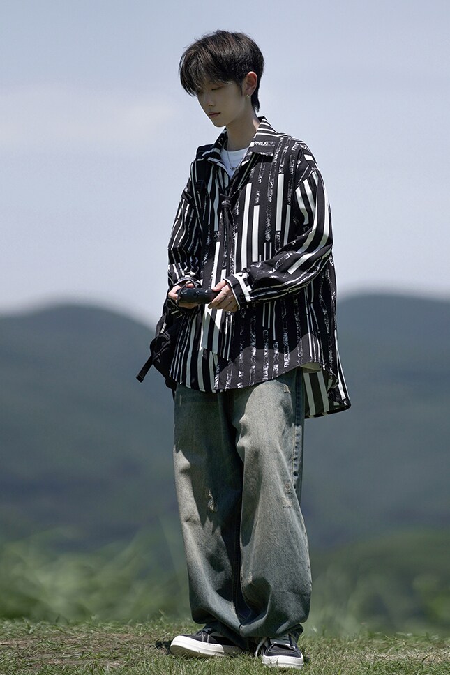 胖胖哥美式条纹花衬衫男秋季高级感痞帅宽松长袖衬衣大码潮流外套,男装衬衫,电商A031