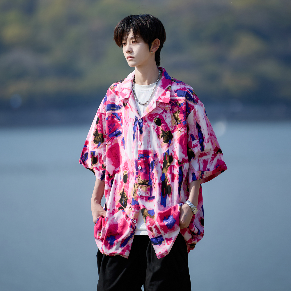 主推涂鸦印花2025夏季新款宽松大码冰丝短袖衬衫CS23P40控58，男装T恤，电商A031