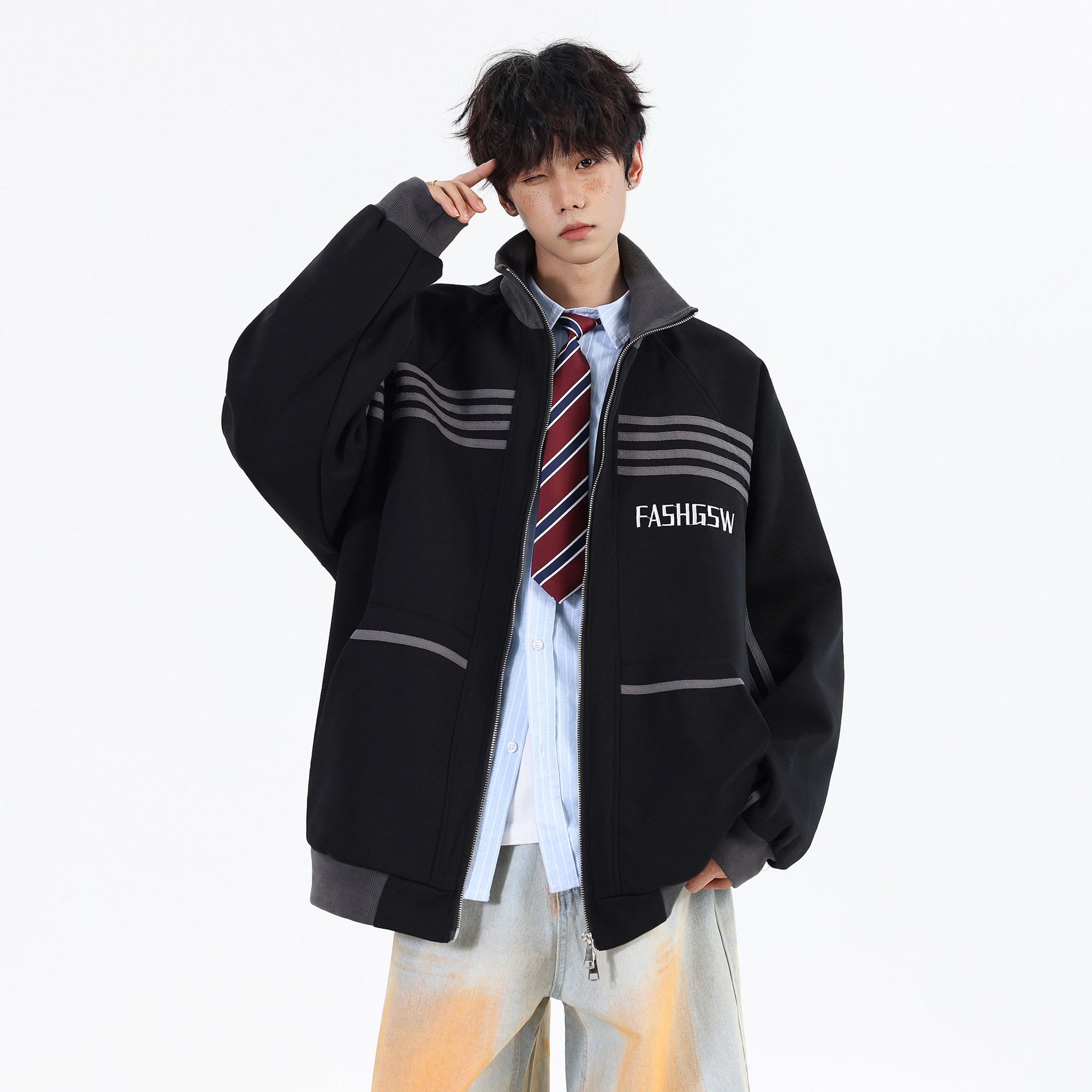 拉条夹克2026春装新款大码宽松刺绣夹克外套WY119P88控138，男装夹克，电商A031