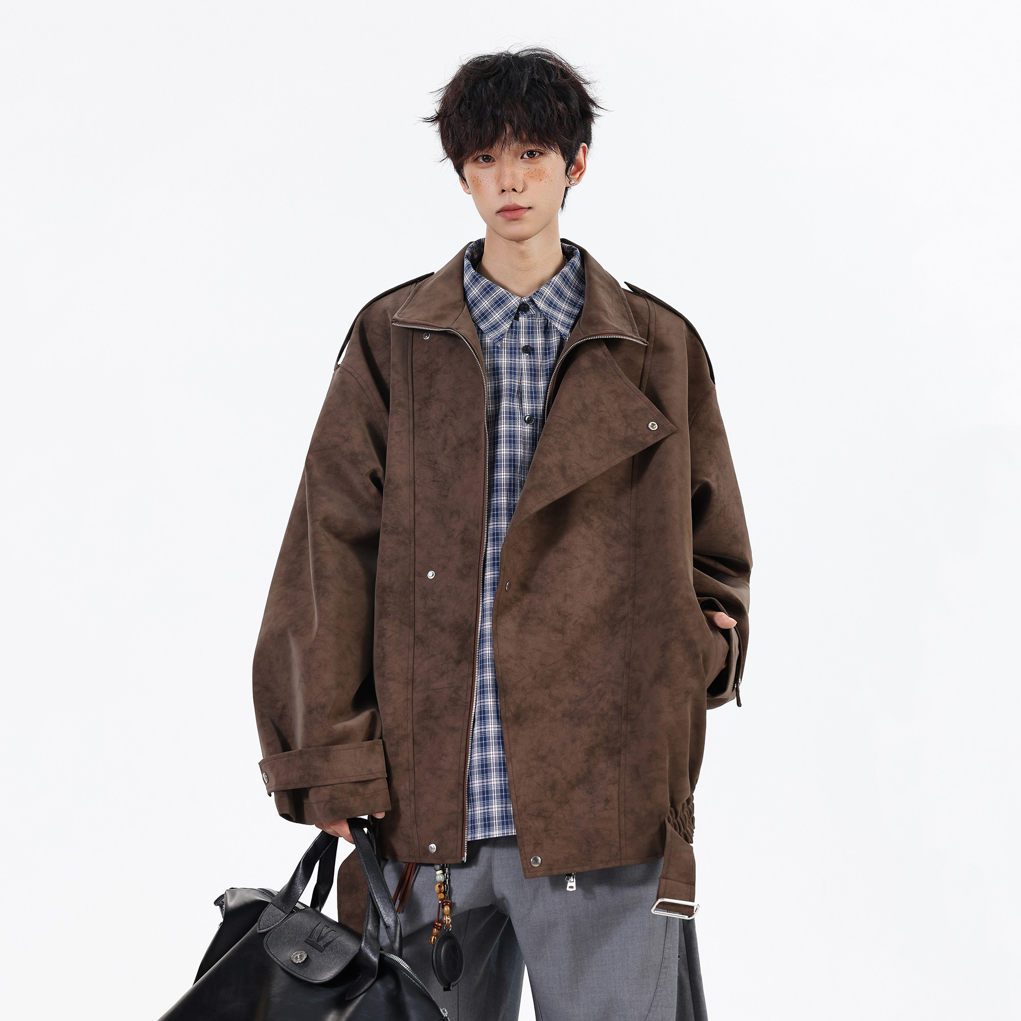 2026春装新款大码肩章宽松花纹皮衣夹克外套JK131P98控158，男装夹克，电商A031
