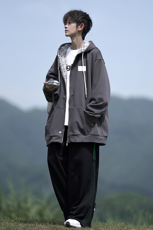 wassuphappy开衫连帽卫衣男士春秋季潮牌原宿风格子情侣休闲外套,男装卫衣,电商A031