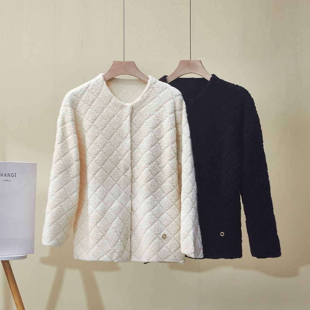 秋冬意大利LP新款羊绒开衫圆领宽松气质简约菱格针织毛衣羊绒外套