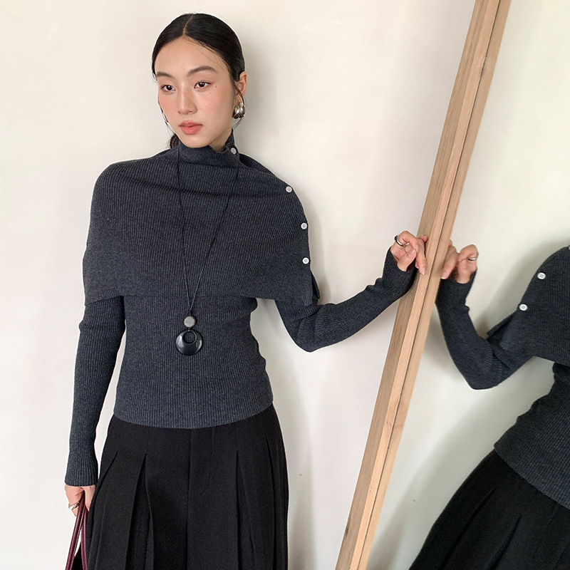 FONE简禾2025冬季极简风修身长袖针织衫配高领斗篷两件套女58603