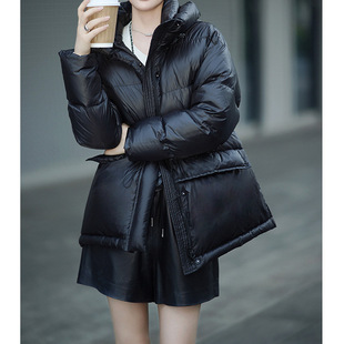 95白鹅绒羽绒服女款高端女装连帽中长款黑色冬装冬季鹅绒服面包服