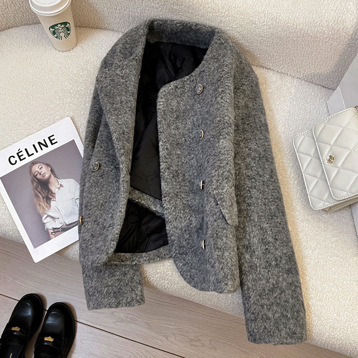 灰色羽绒内胆小香风毛呢短外套女2024冬季新款复古高级感保暖上衣