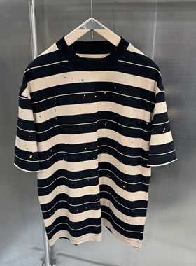 定制高克重面料 手工镶嵌柳丁 直喷印花 圆领宽松版型短袖T恤男