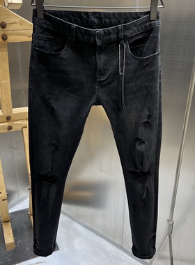 万年大破洞  高端货 手工做旧水洗黑色修身小脚高弹力牛仔裤男潮