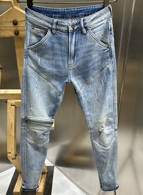 高端货定制面料拉链设计水洗浅蓝色工装风立体剪裁修身小脚牛仔裤