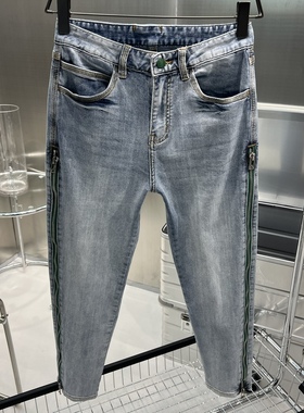 23新款高端货侧拉链水洗浅蓝色小直角修身弹力八九分牛仔裤