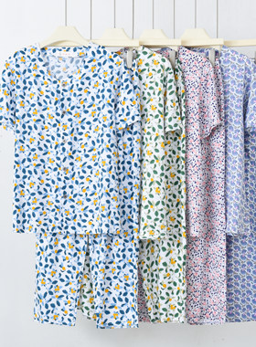 中老年绵绸短袖开衫圆领套装 夏季妈妈装人造棉老太太9分裤家居服