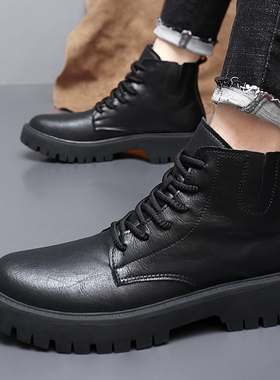 真皮切尔西靴男马丁靴秋冬季高帮男靴加绒短靴棉工装靴大码47小37
