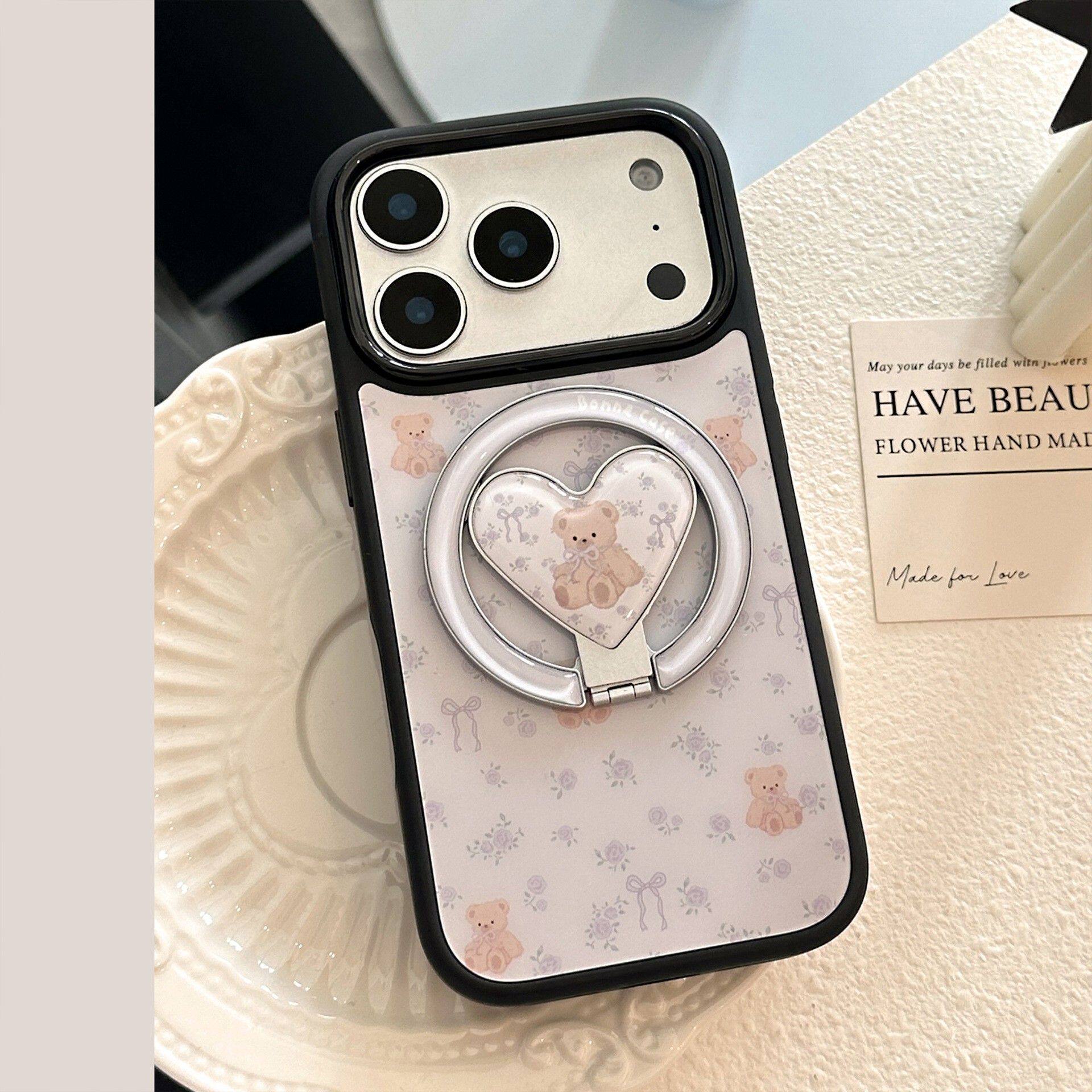 高颜值适用iphone17pm苹果16pro手机壳紫色碎花小熊14/15磁吸支架磁吸支架手机壳小熊花朵爱心支架