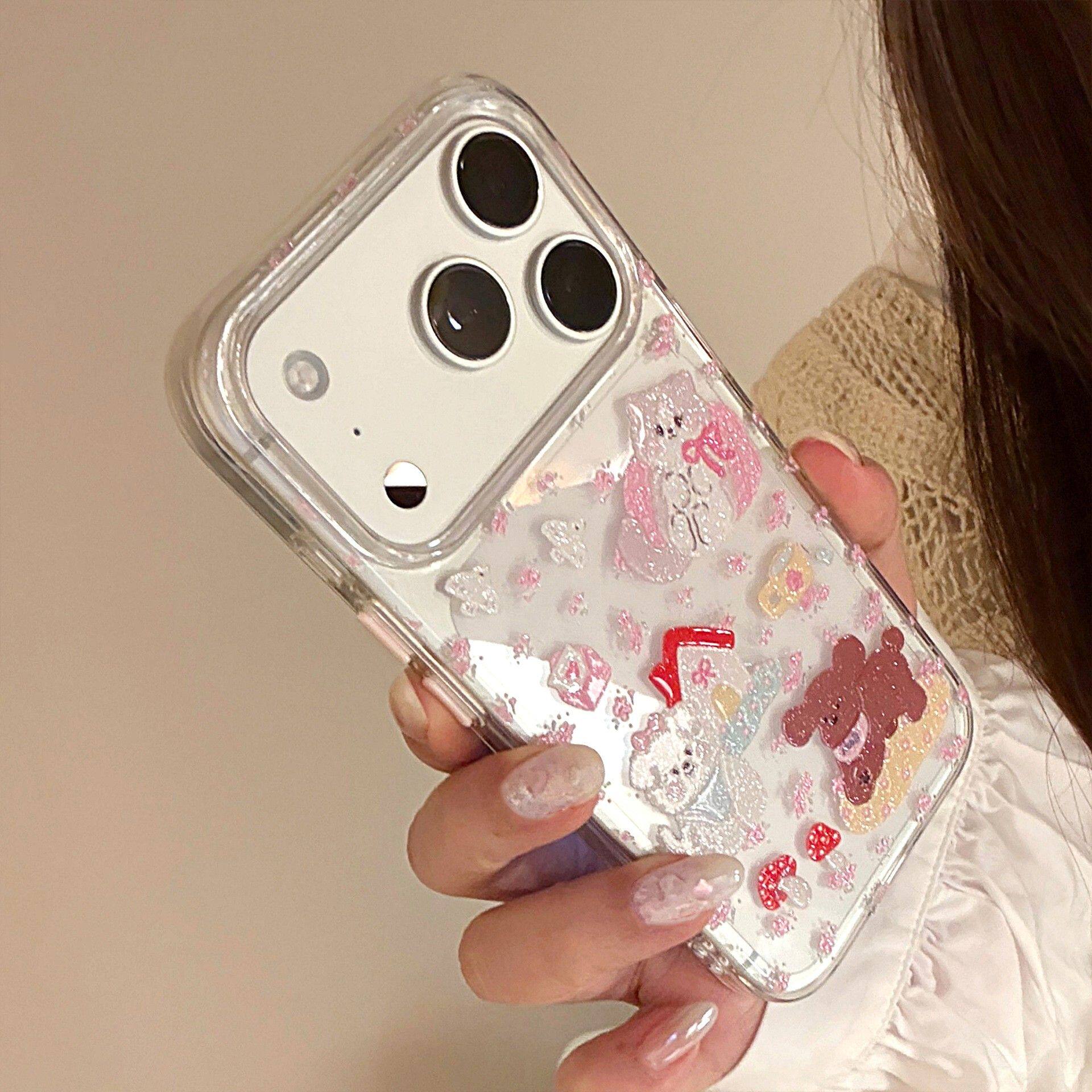 春夏碎花小狗iphone17pro 苹果16手机壳15适用13闪粉卡通14透明软3D立体小熊彩绘手机壳苹果防摔