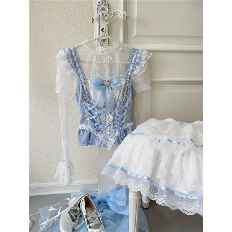 ~Lolita内搭百搭超仙网纱长袖打底外穿宽松上衣蕾丝小衫夏