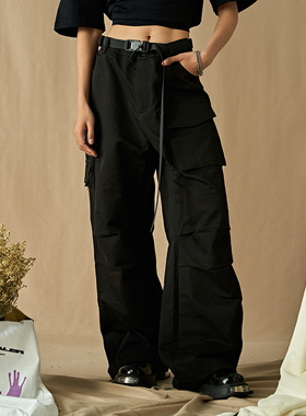 DoubleDealer阔腿裤女高腰2023新款夏季垂感设计工装高街直筒裤子