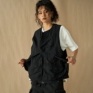 DoubleDealer夏季机能风马甲男女嘻哈潮牌宽松百搭设计感黑色背心
