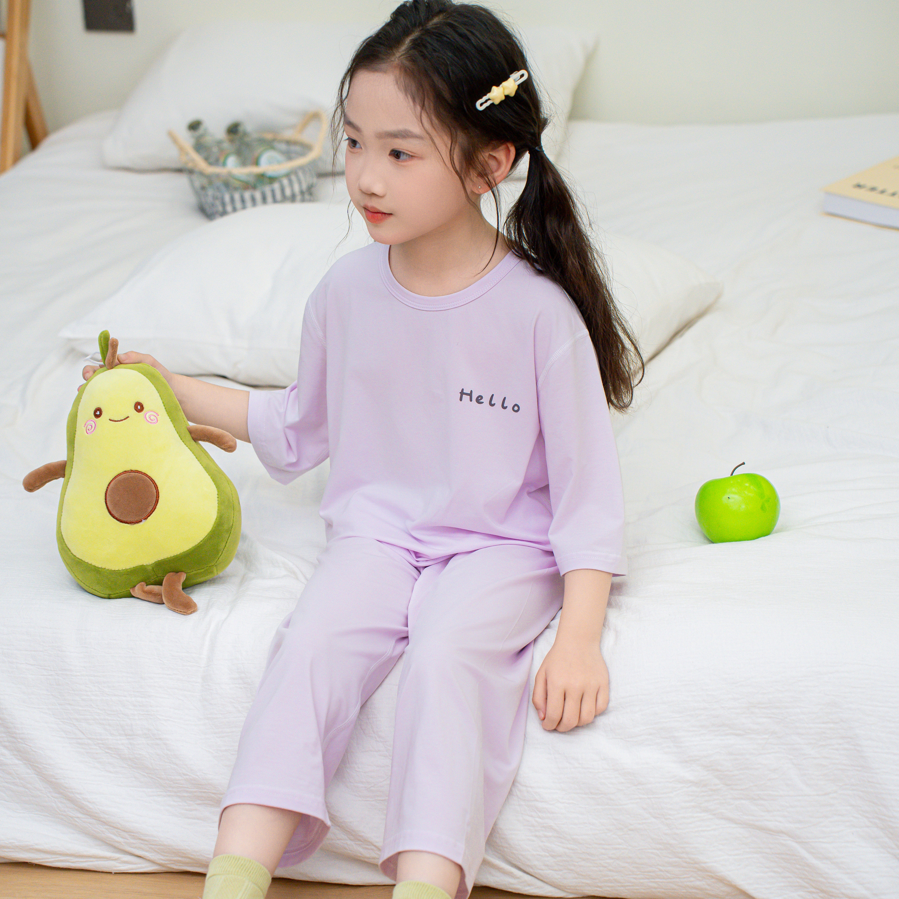 莫代尔男女童夏季薄款睡衣套装