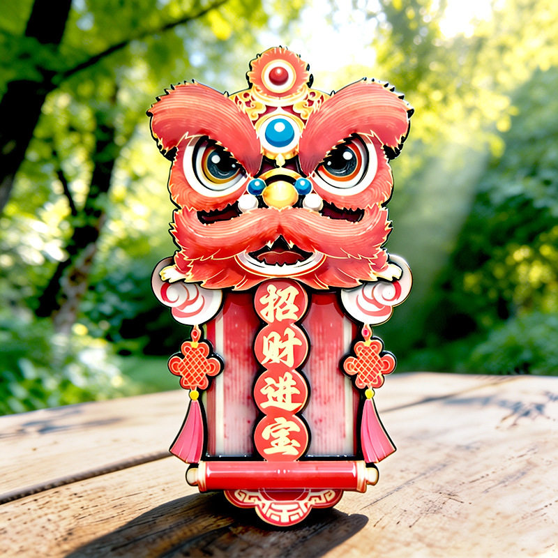 中国潮醒狮木质磁吸冰箱贴招财