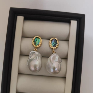 鲍鱼贝法式大颗炫彩淡水巴洛克真珍珠耳环不规则珍珠耳饰耳坠新品