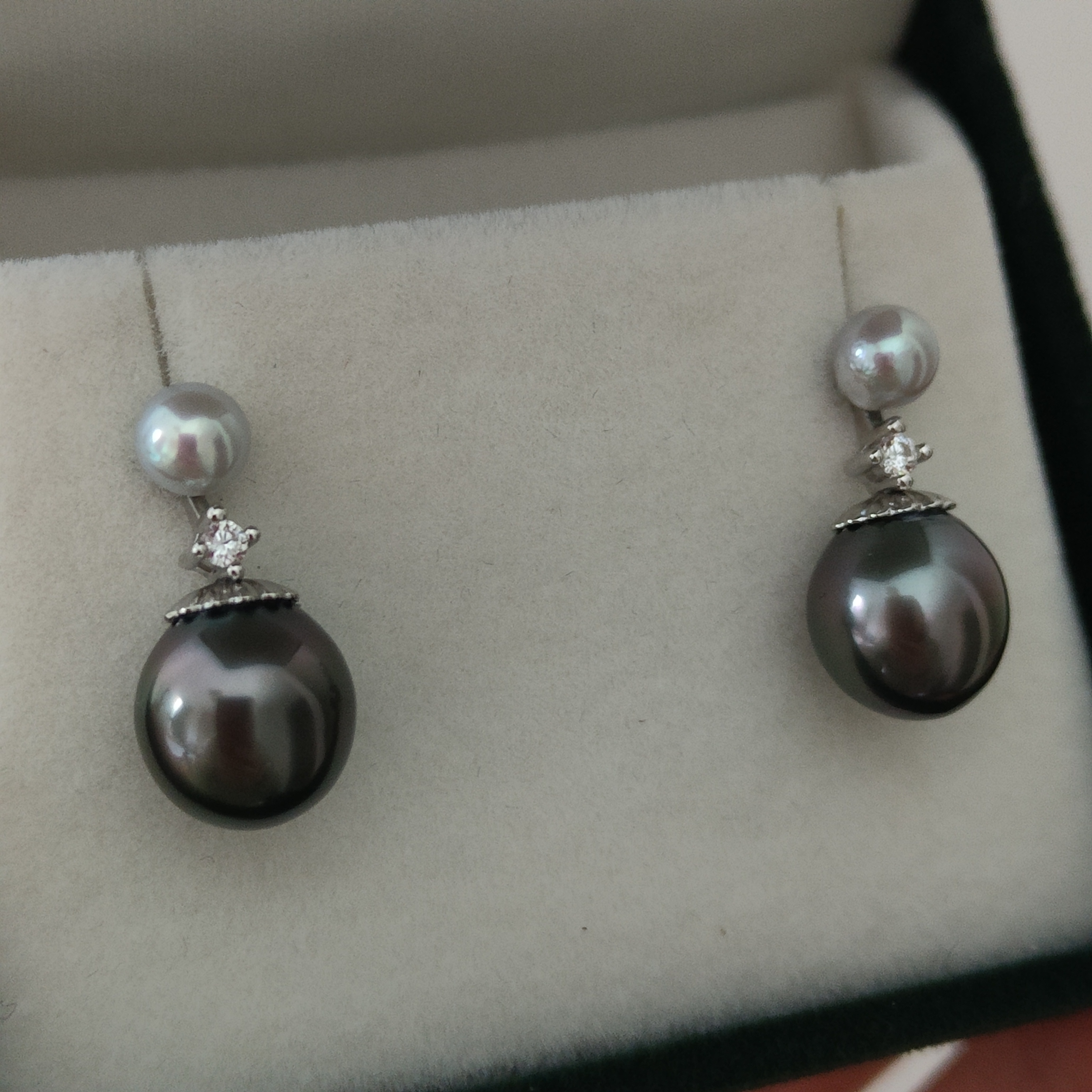 混彩日本akoya大溪地铂金灰海水珍珠纯银耳钉