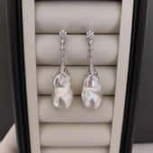 法式 气质大颗炫彩巴洛克不规则淡水珍珠耳环925银百搭长款 耳坠新