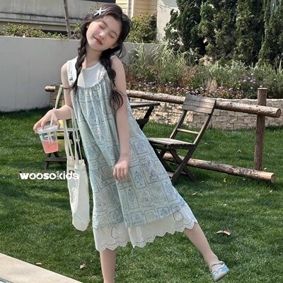 吾束2026夏33399新款两件套碎花吊带连衣裙中大女童可亲子