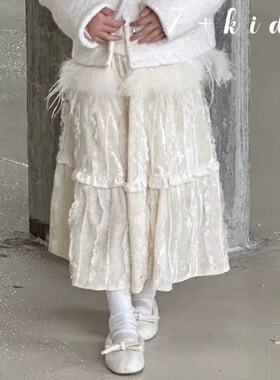 7+kids2024冬91317新款加绒丝绒蕾丝韩系半裙中大童女童亲子大组