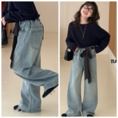 天依角2026春18057新款 18058波点丝带牛仔直筒裤 中大女童亲子