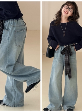 天依角2026春18057新款18058波点丝带牛仔直筒裤中大女童亲子