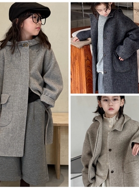 贝莱蒂琪2025冬新款5317双面羊绒连帽外套大衣中大童男女童亲子