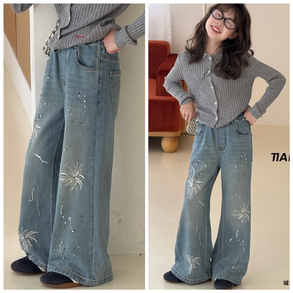 天依角2026春新款25510烫钻亮片阔腿牛仔裤中大童女童亲子