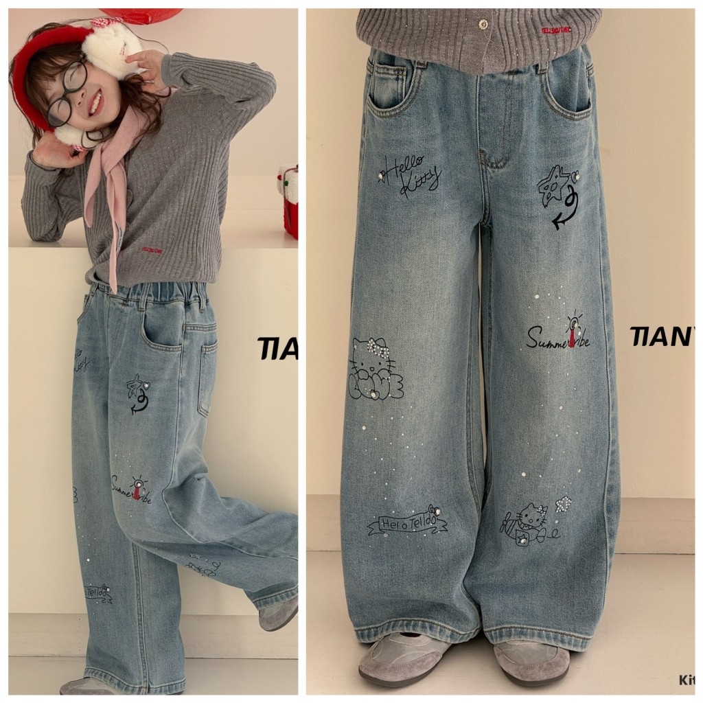 天依角2026春新款25316烫钻KT猫阔腿牛仔裤中大童女童可亲子