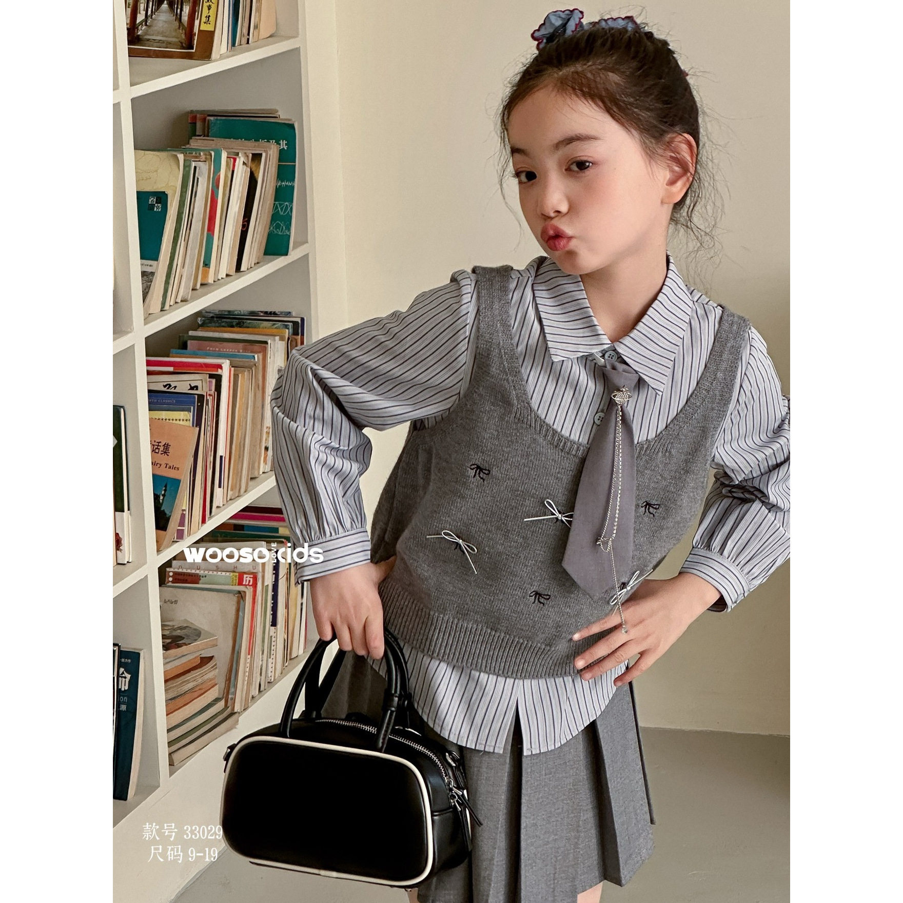 吾束2026春新款33029学院风马甲衬衫三件套裙中大女童亲子