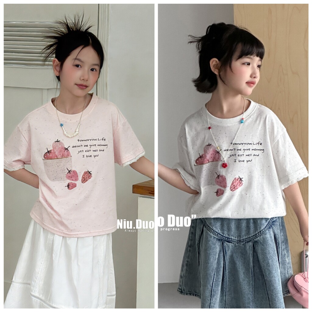 特牛哆哆2026夏29103新款草莓花边短袖T恤中大女童亲子