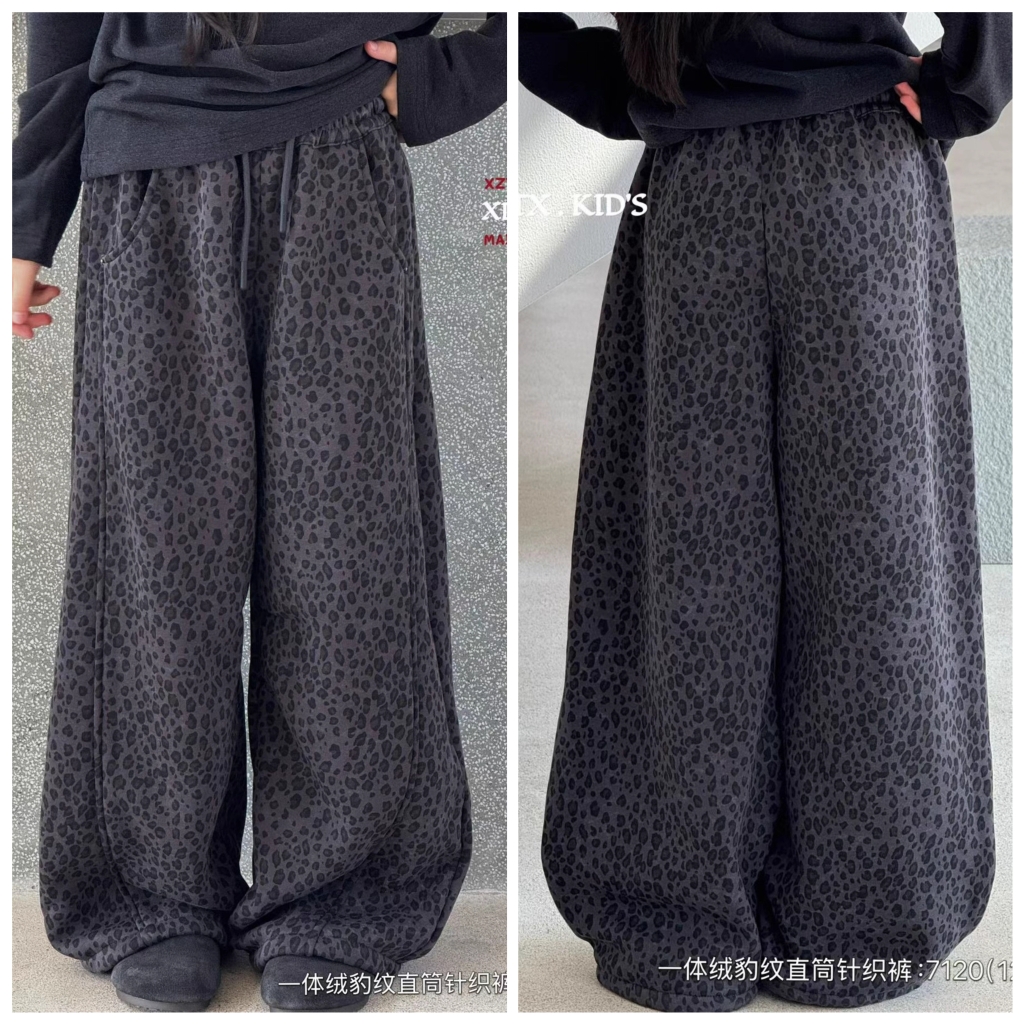 小智同学2025冬新7202豹纹7120一体加绒直筒针织裤小童中大男女童