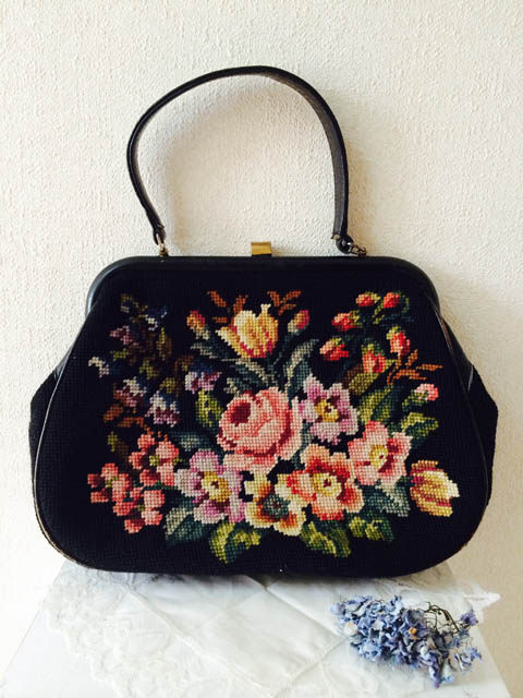 MORE VINTAGE日本购1960s意大利精美工艺双面刺绣印花古董手提包