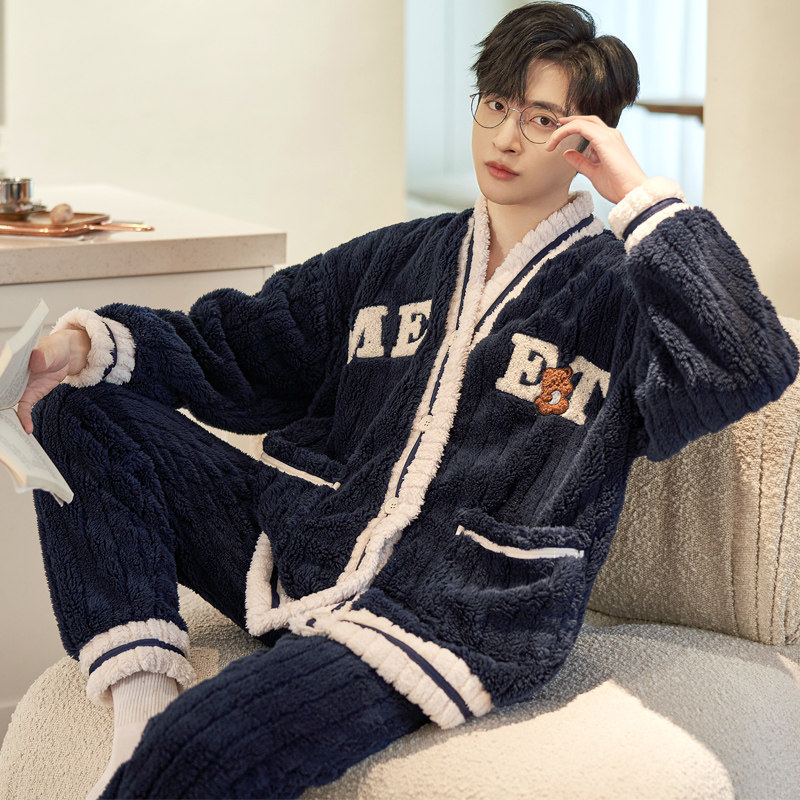 日本MUJIΕ男士睡衣秋冬款冬季珊瑚绒加厚加绒法兰绒大码卡通男款