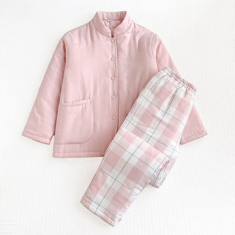 日本MUJIΕ日式加厚纯棉双层纱夹棉睡衣男女立领棉服秋冬家居服套
