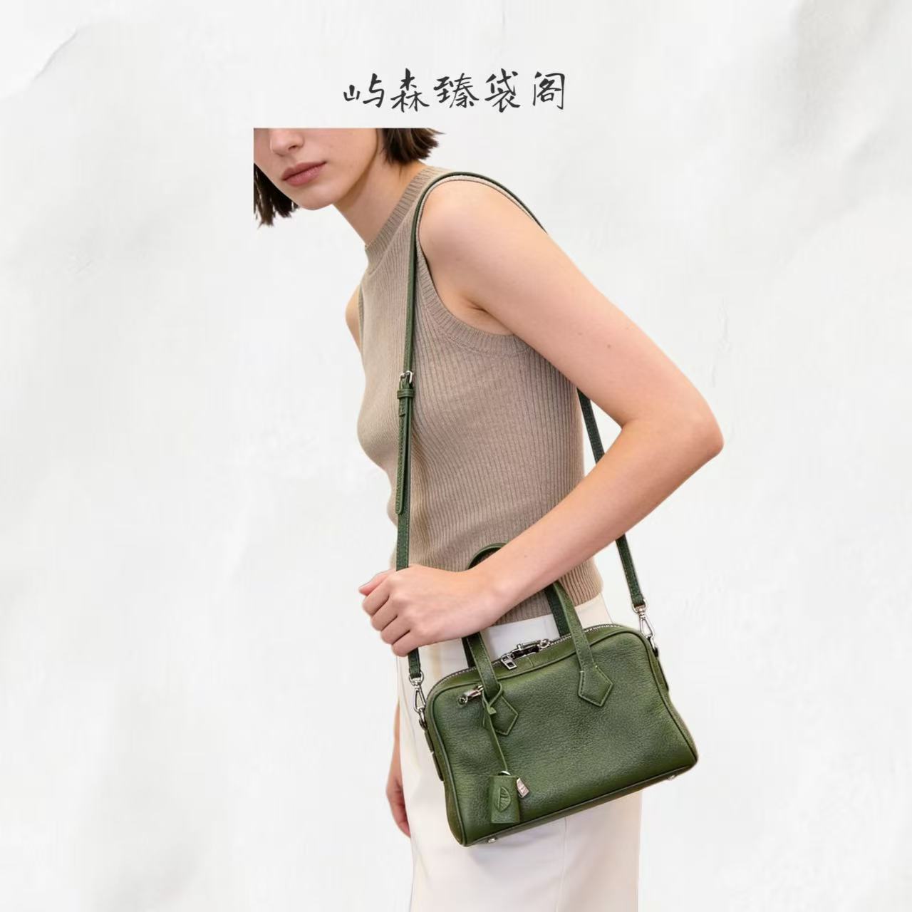 墨绿色包高级质感头层牛皮通勤包百搭大容量真皮手提波士顿包