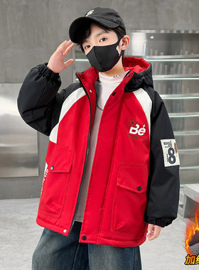 英国next music男童红色派克服冬季2026款中大童加绒加厚棉服冬装