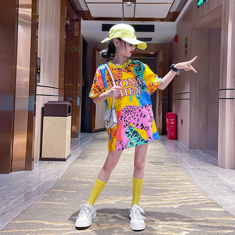 英国next music女童短袖t桖夏季纯棉童装中大童炸街豹纹长款短袖