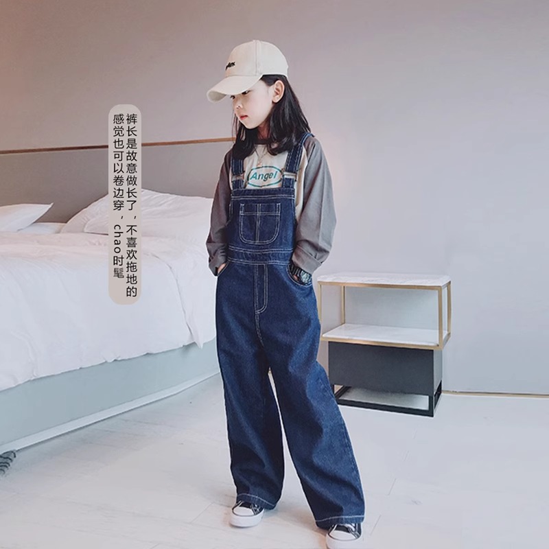 英国next music女童牛仔背带裤春装2024中大童时尚宽松吊带长裤