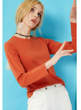 橘色长袖t恤女纯棉春秋冬打底衫宽松外穿橙色内搭体恤薄款上衣服