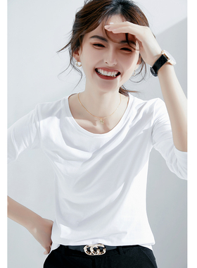 白色打底衫小衫女2026早春新款长袖t恤春秋纯棉内搭纯白正肩体恤