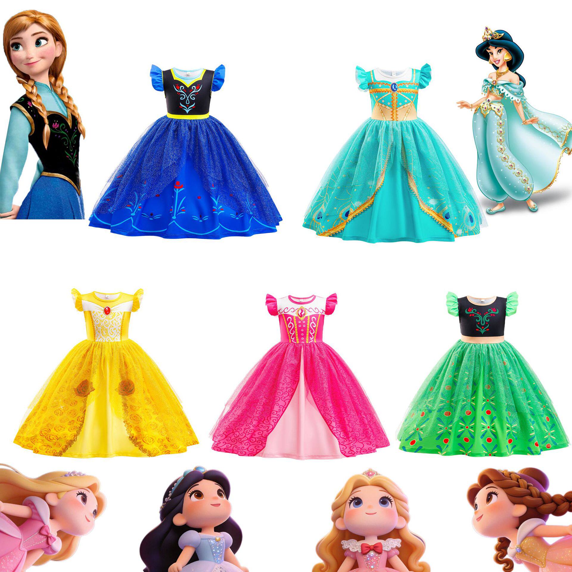 女童迪士尼冰雪奇缘安娜公主裙茉莉贝尔睡美人公主COS万圣节服装
