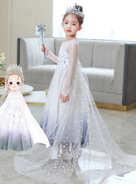 2023冰雪奇缘2爱莎公主裙女童白色elsa连衣裙儿童礼服艾莎长裙夏