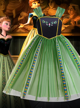 迪士尼冰雪奇缘安娜公主女童连衣裙网纱裙绿色公主裙六一表演舞台